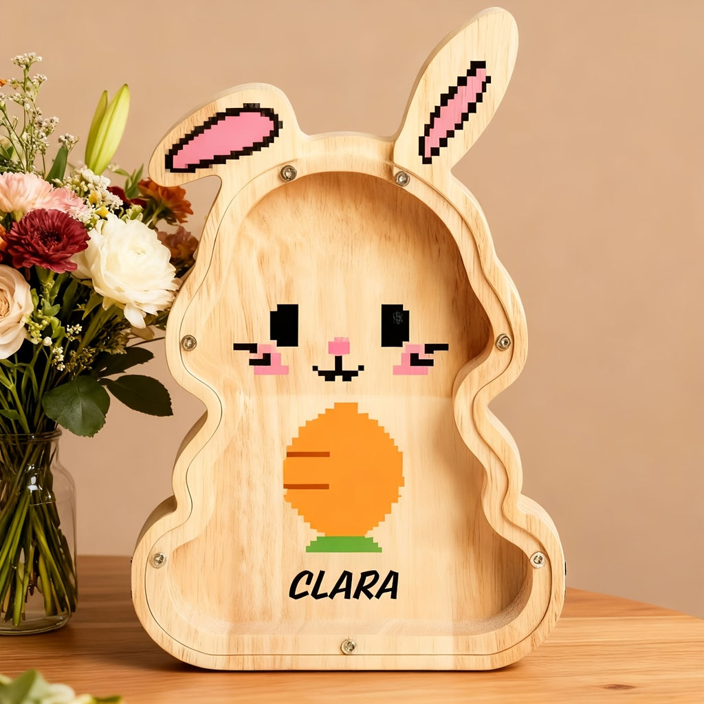 Tirelire lapin en bois, motif pixel, façade transparente