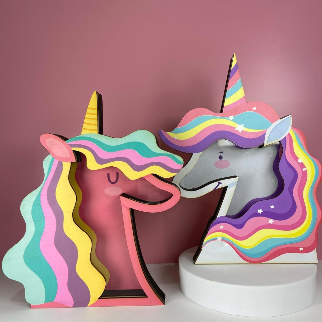 Tirelire licorne arc-en- en bois, cagnotte visible