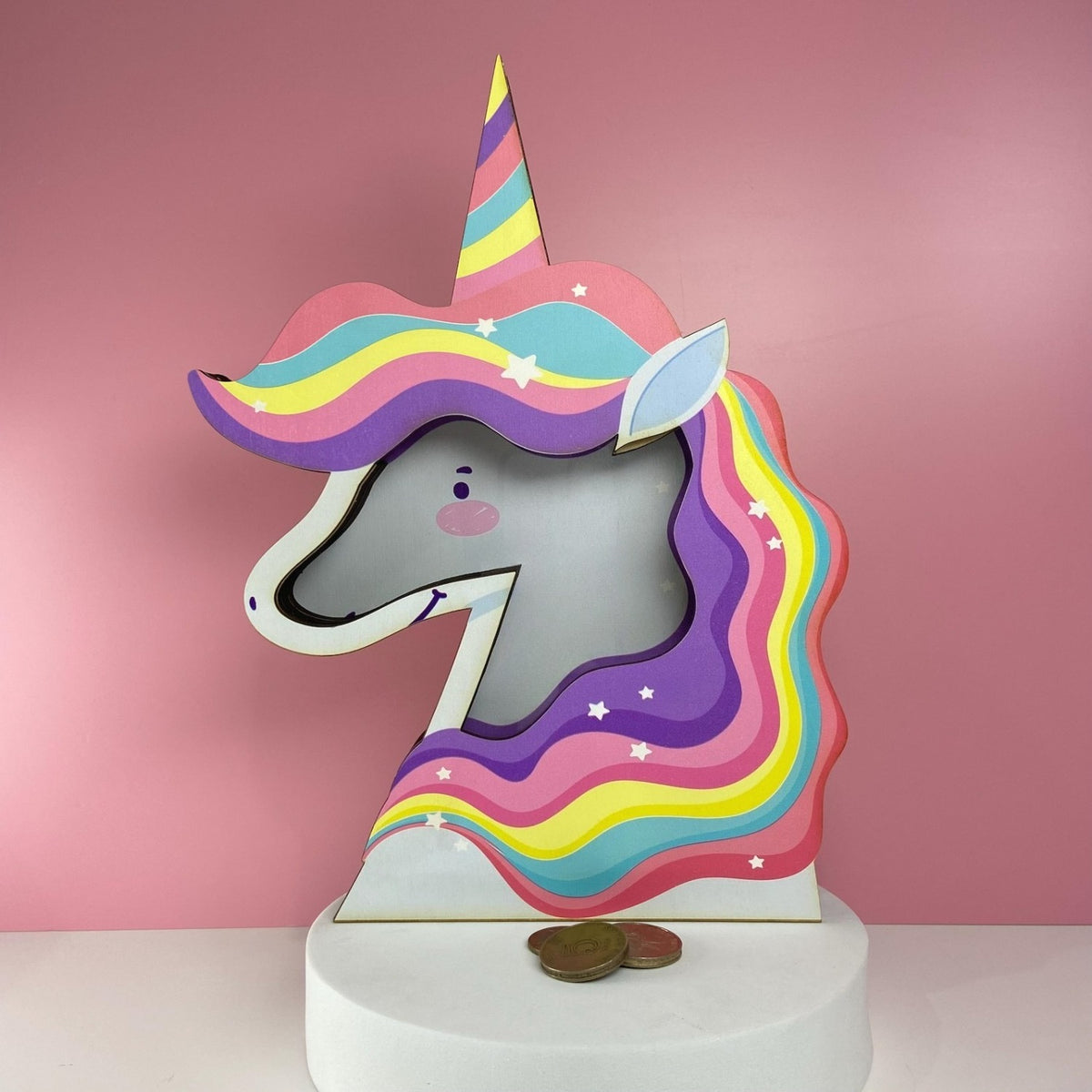 Tirelire licorne arc-en- en bois, cagnotte visible