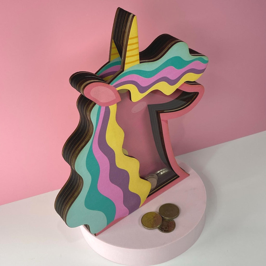 Tirelire licorne arc-en- en bois, cagnotte visible