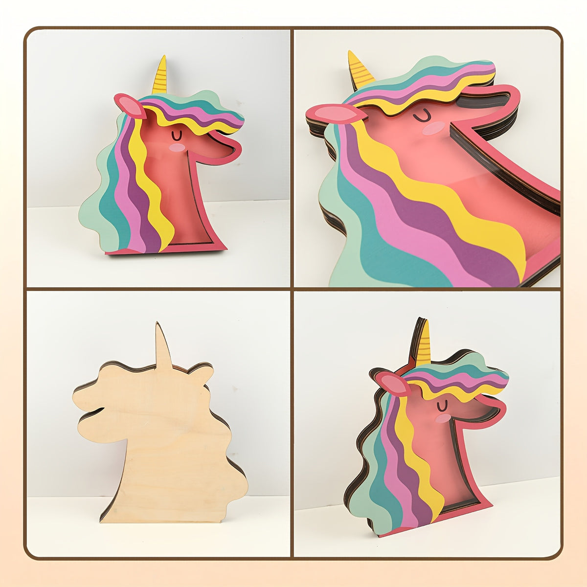 Tirelire licorne arc-en- en bois, cagnotte visible