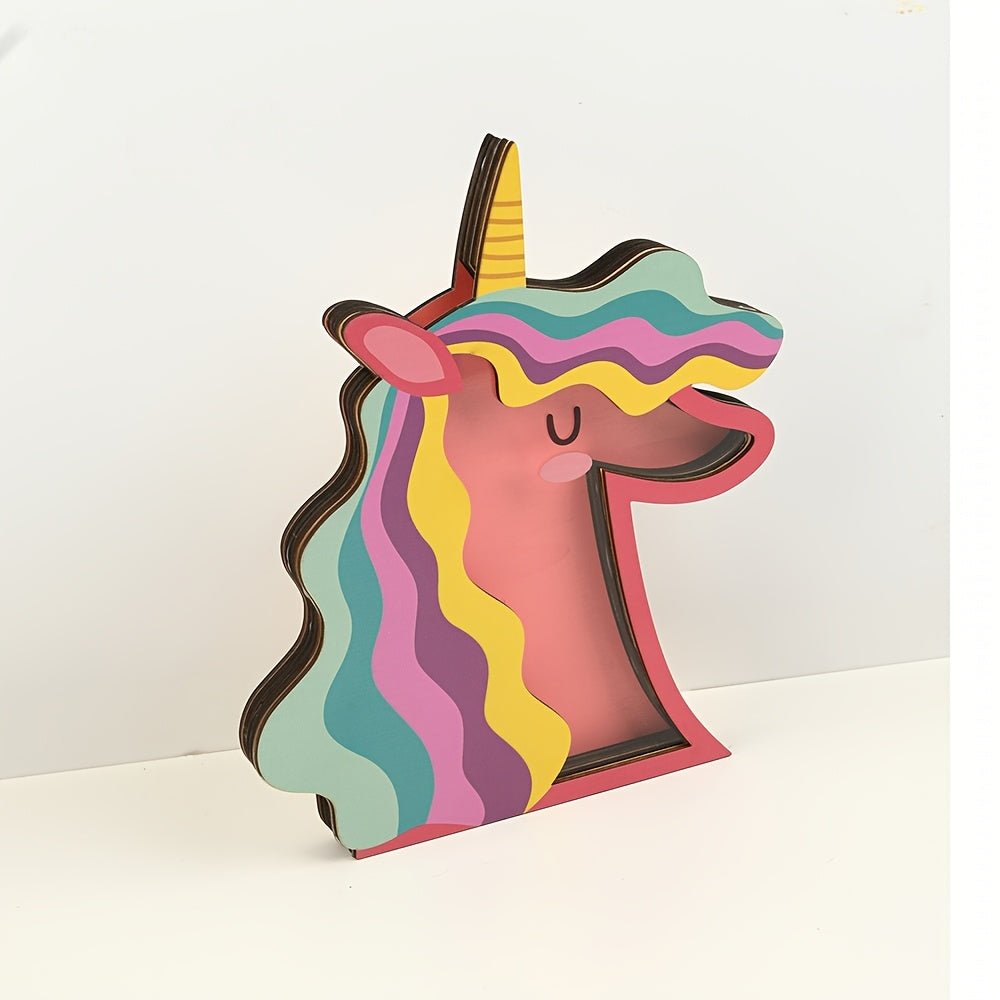Tirelire licorne arc-en- en bois, cagnotte visible
