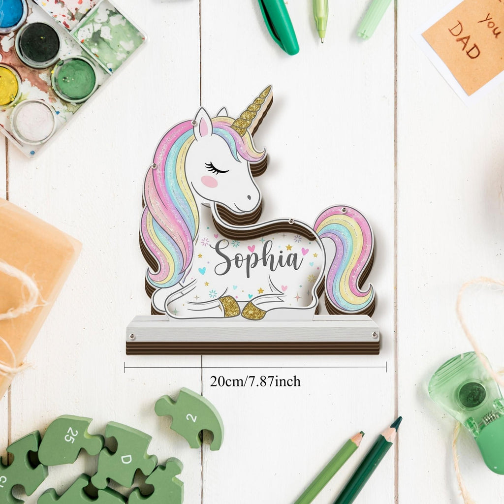 Tirelire licorne en bois, façade acrylique, socle