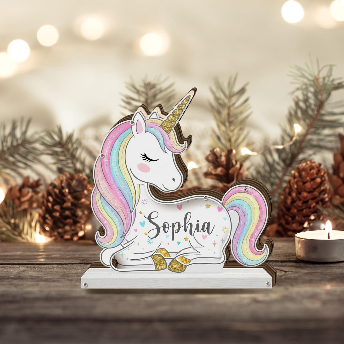 Tirelire licorne en bois, façade acrylique, socle