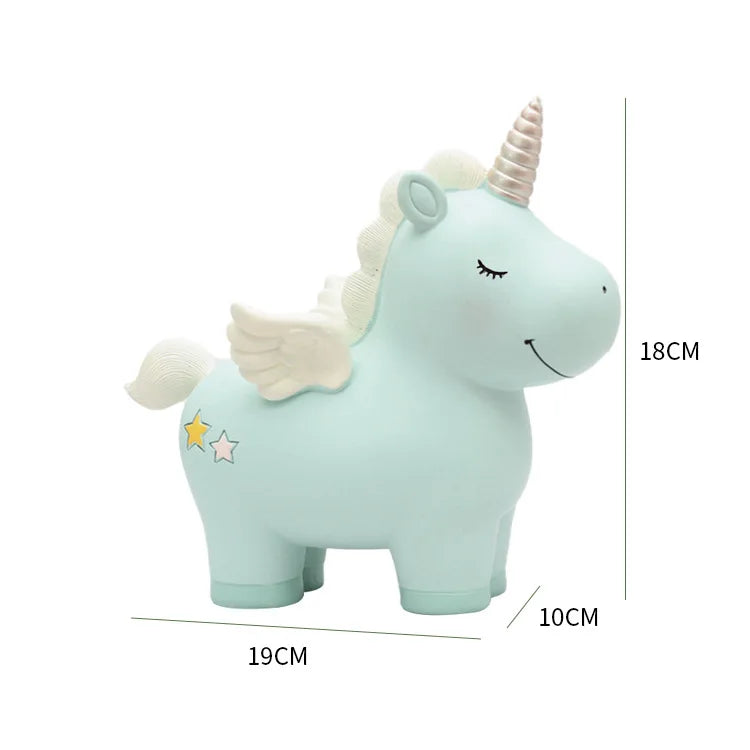 Tirelire licorne en résine, ailes et étoiles peintes