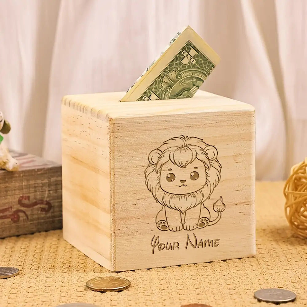 Tirelire lion cube en bois gravé au laser, côté