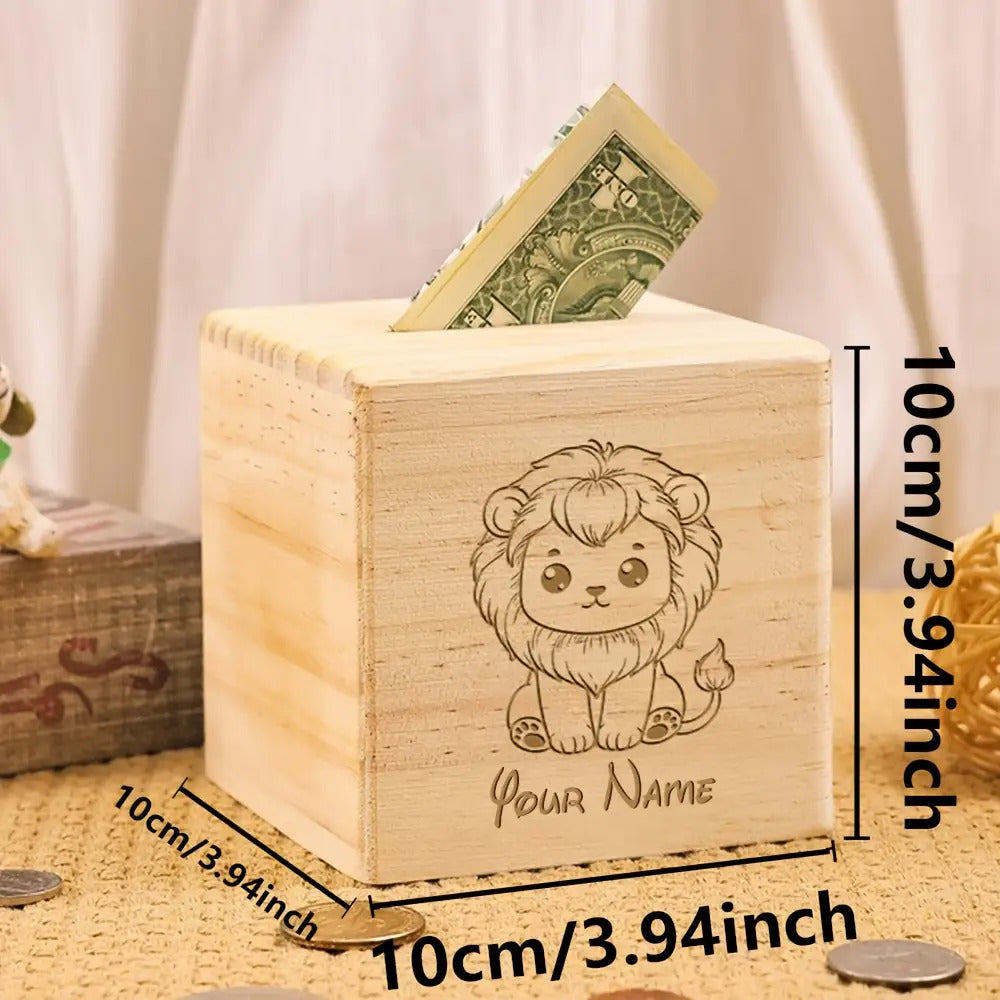 Tirelire lion cube en bois gravé au laser, côté