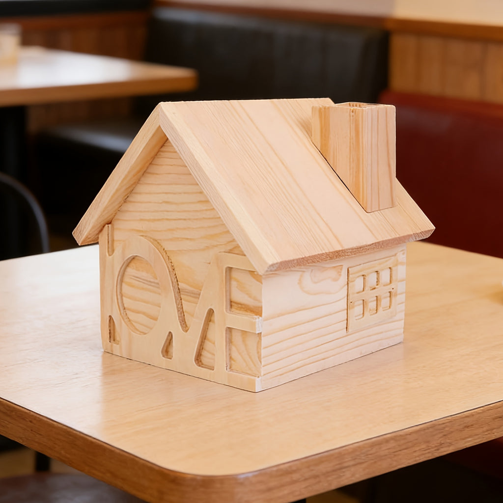 Tirelire maison en bois brut, fente creusée en cheminée