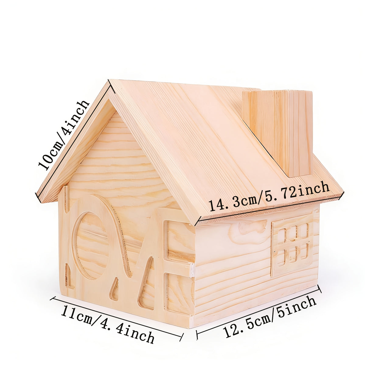 Tirelire maison en bois brut, fente creusée en cheminée
