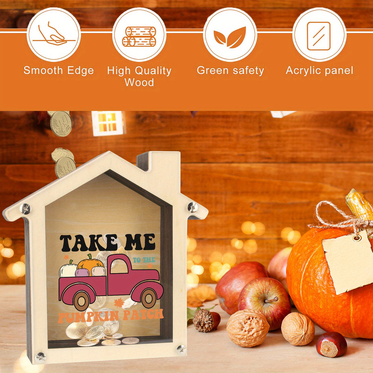 Tirelire maison en bois, pick-up et citrouilles imprimés