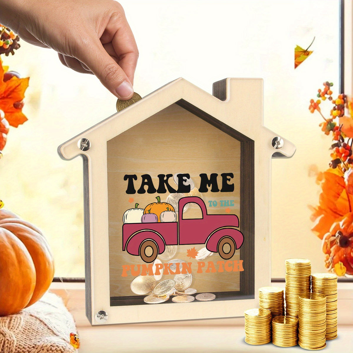 Tirelire maison en bois, pick-up et citrouilles imprimés
