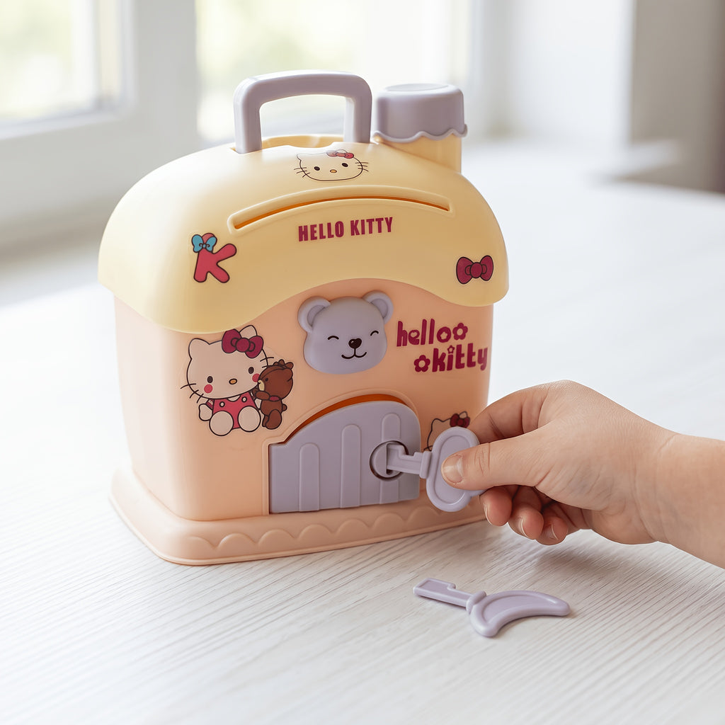 Tirelire maison kawaii en plastique — clé, fente à billets