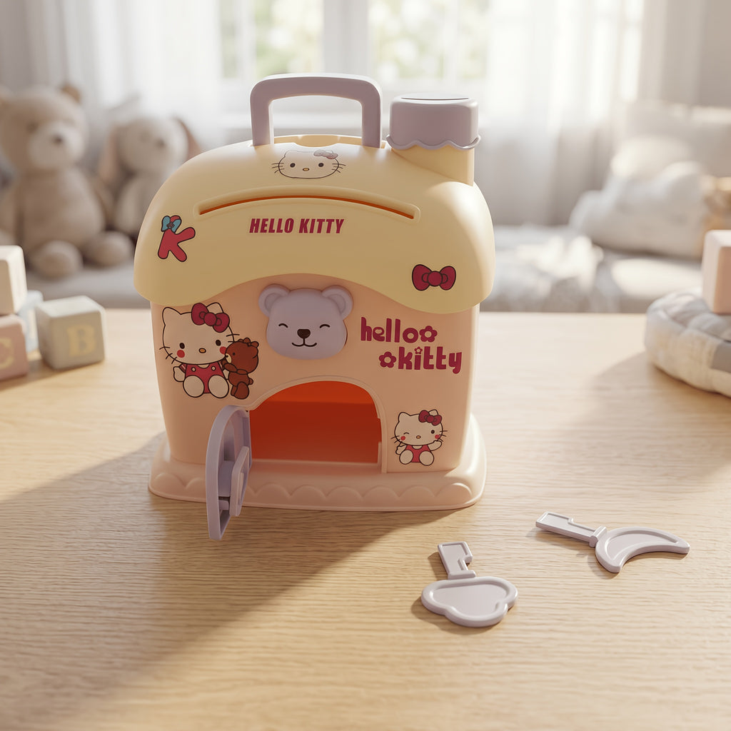 Tirelire maison kawaii en plastique — clé, fente à billets