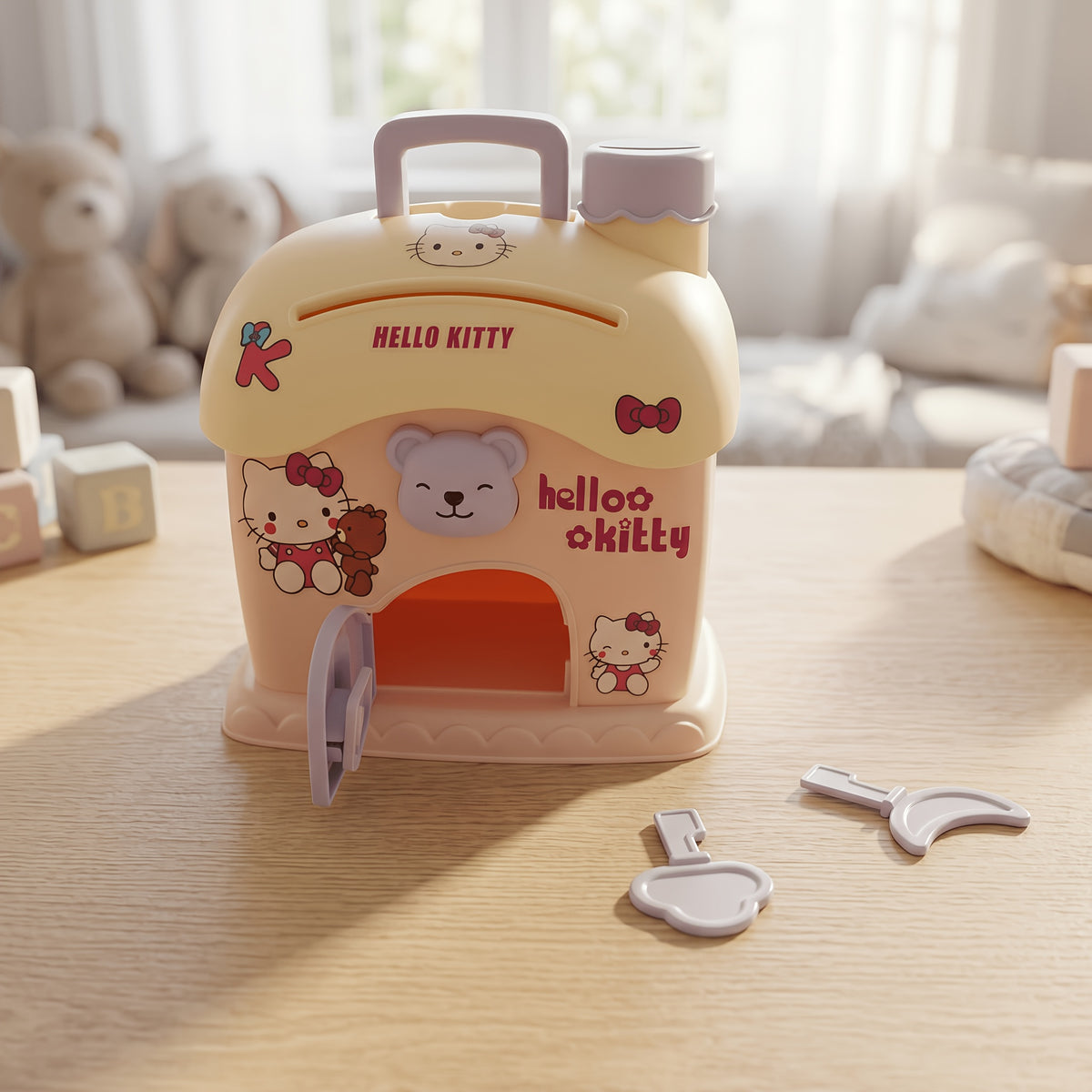 Tirelire maison kawaii en plastique — clé, fente à billets