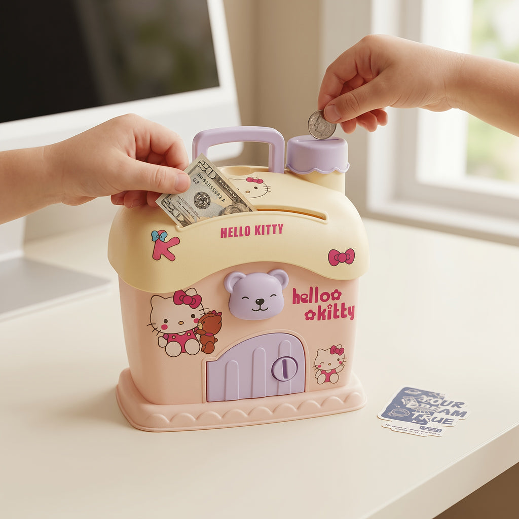 Tirelire maison kawaii en plastique — clé, fente à billets