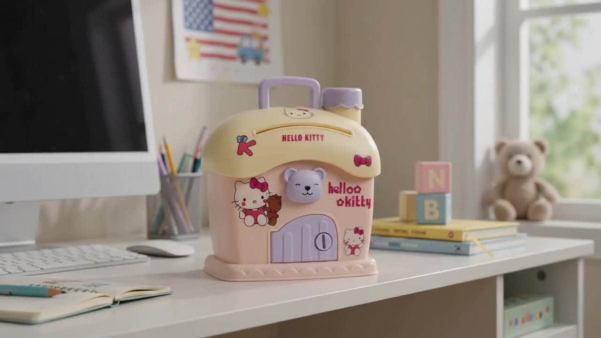 Tirelire maison kawaii en plastique — clé, fente à billets