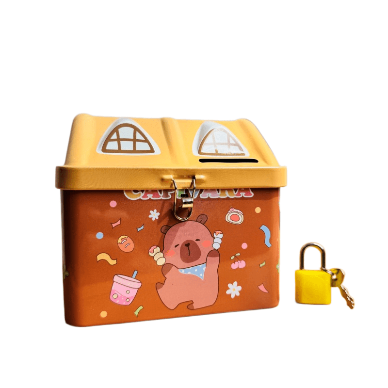 Tirelire maison en métal rose — capybara et cadenas à clé