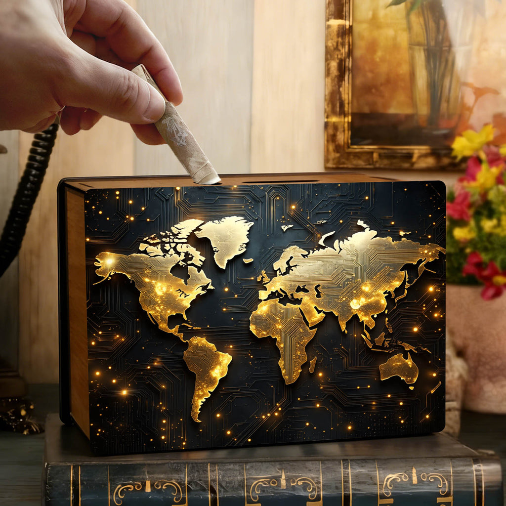 Tirelire mappemonde sur bois, grille de suivi