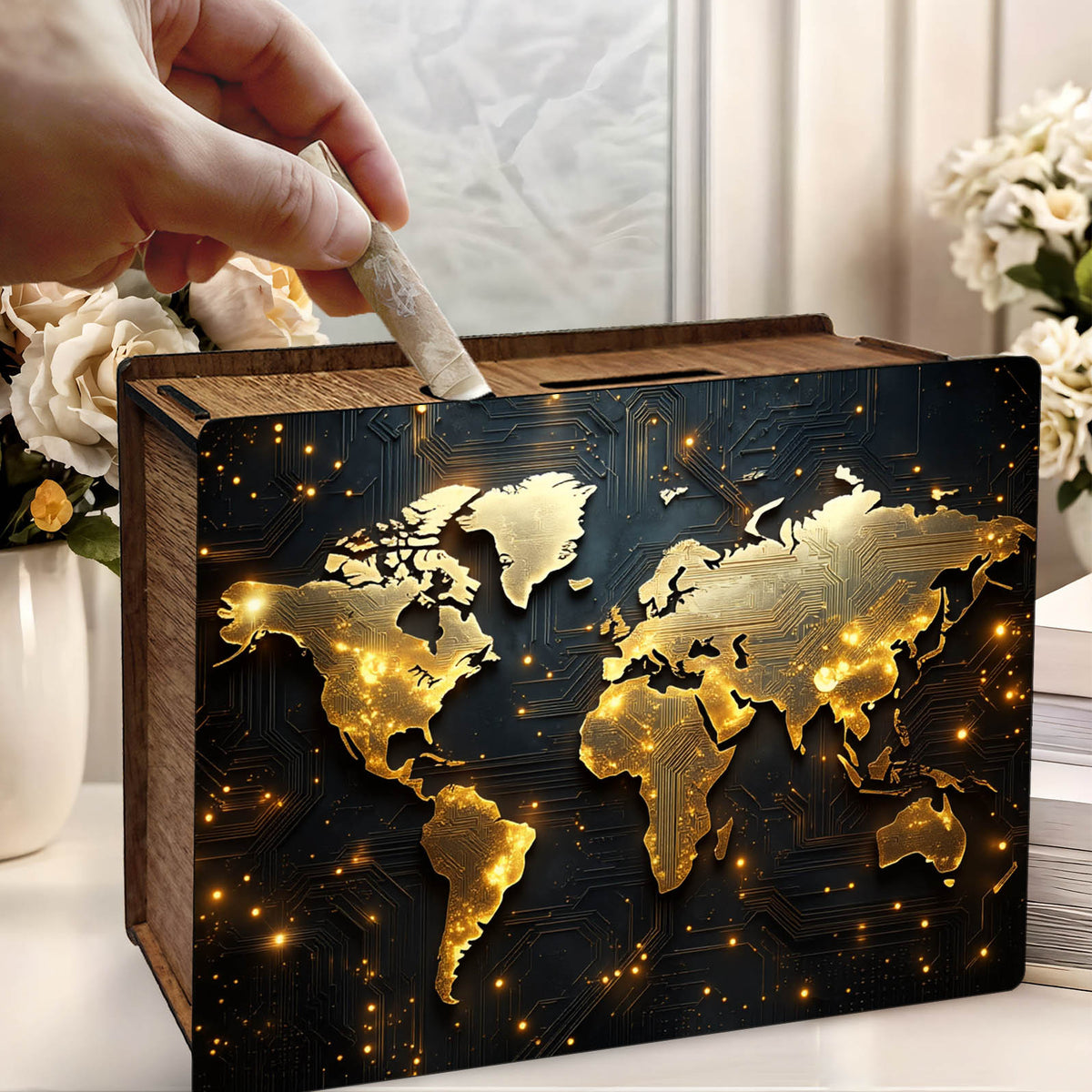Tirelire mappemonde sur bois, grille de suivi
