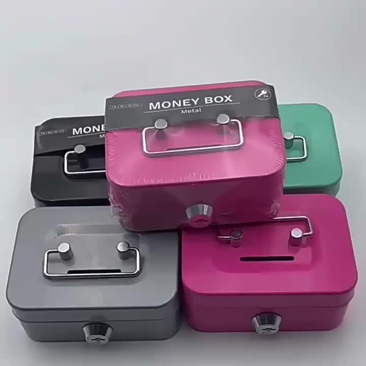 Tirelire en métal à clé — coffret laqué à poignée et fente