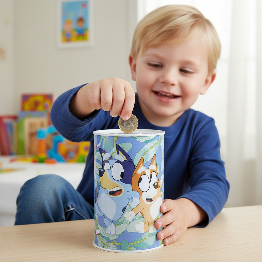 Tirelire métal pour enfant, chiots de dessin animé et feuillage