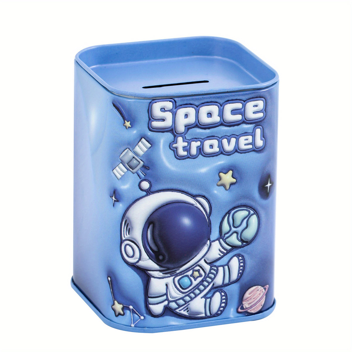 Tirelire mini boîte en métal bleu, motif astronaute embossé