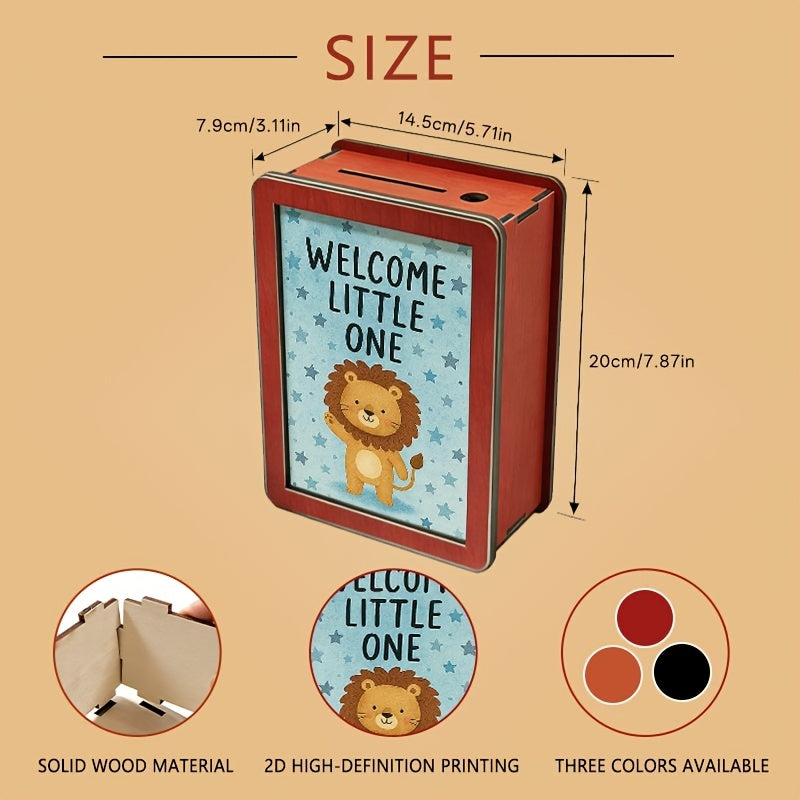 Tirelire de naissance en bois — petit lion et ciel étoilé