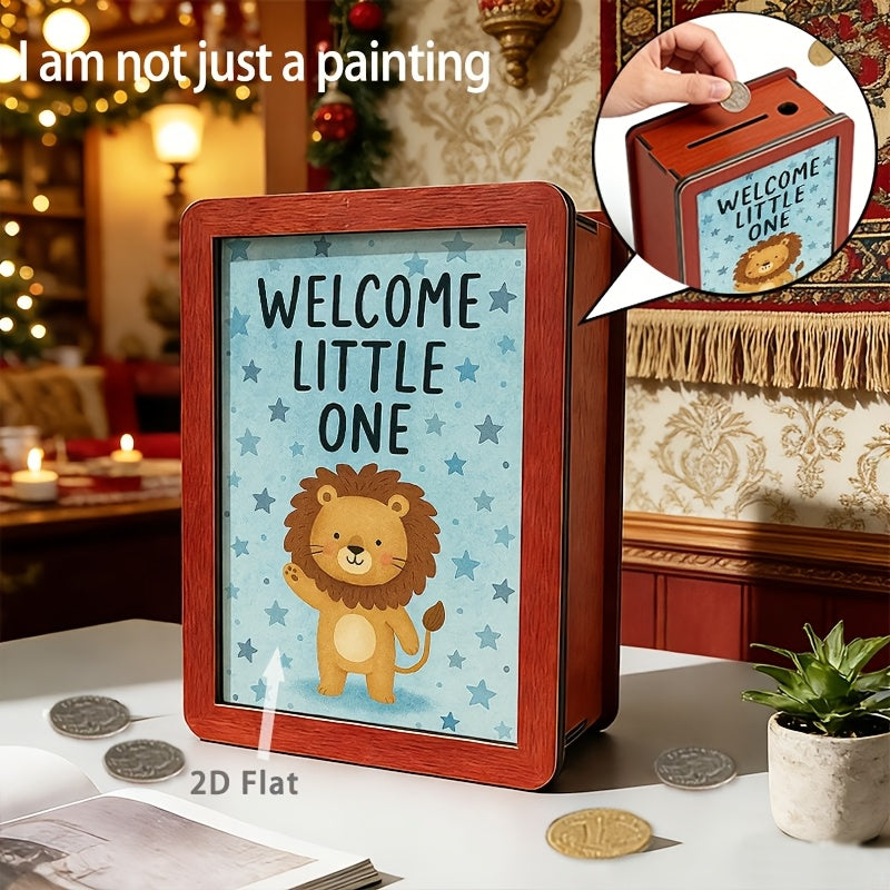 Tirelire de naissance en bois — petit lion et ciel étoilé