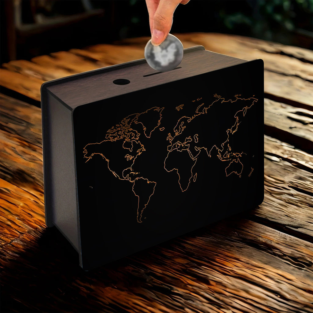 Tirelire à filet cuivré, contour du monde minimaliste