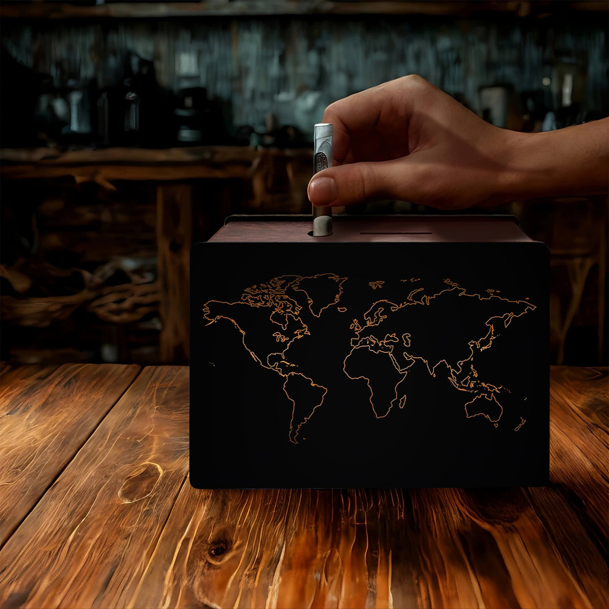 Tirelire à filet cuivré, contour du monde minimaliste