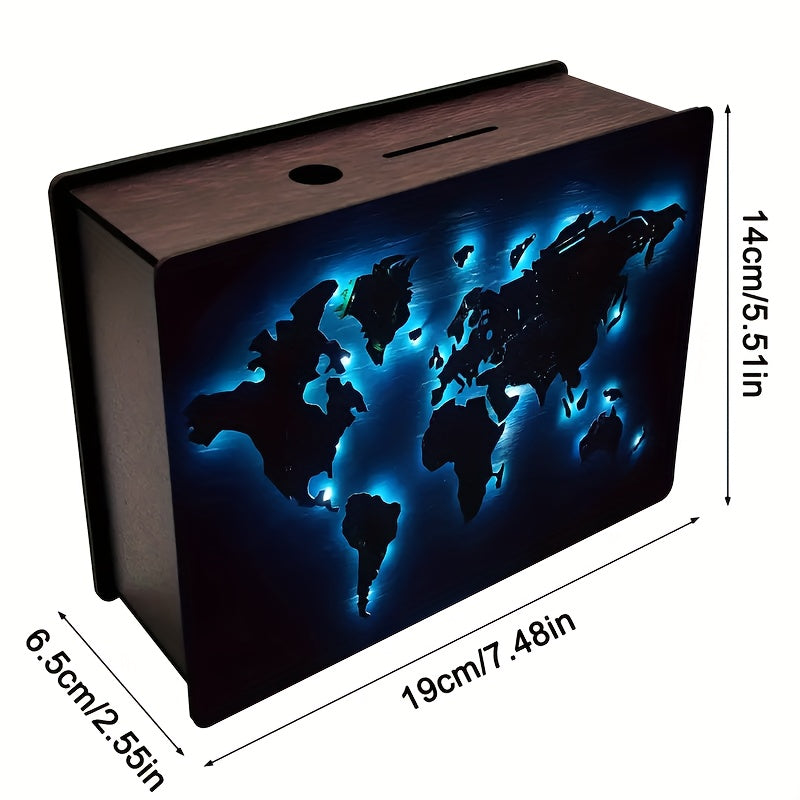 Tirelire océan cyan et continents, coffret de bois