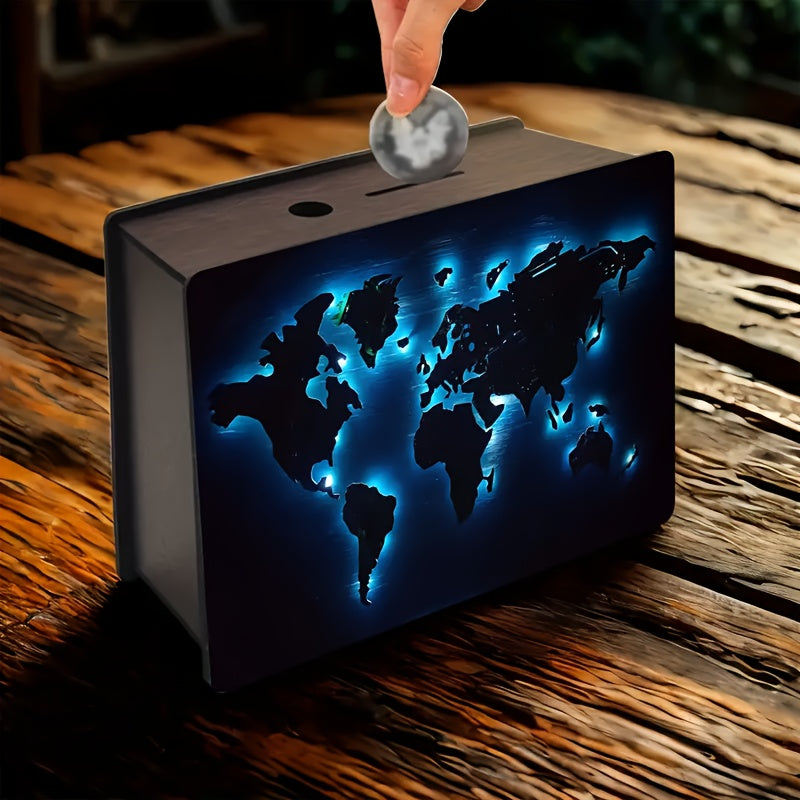 Tirelire océan cyan et continents, coffret de bois