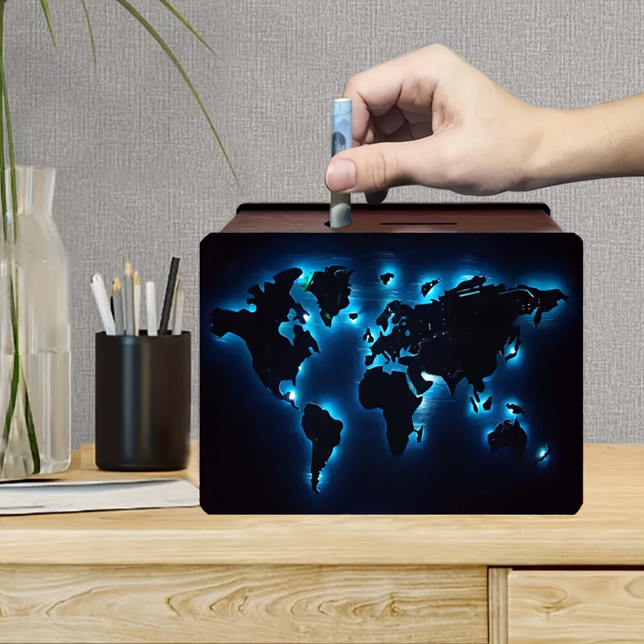 Tirelire océan cyan et continents, coffret de bois