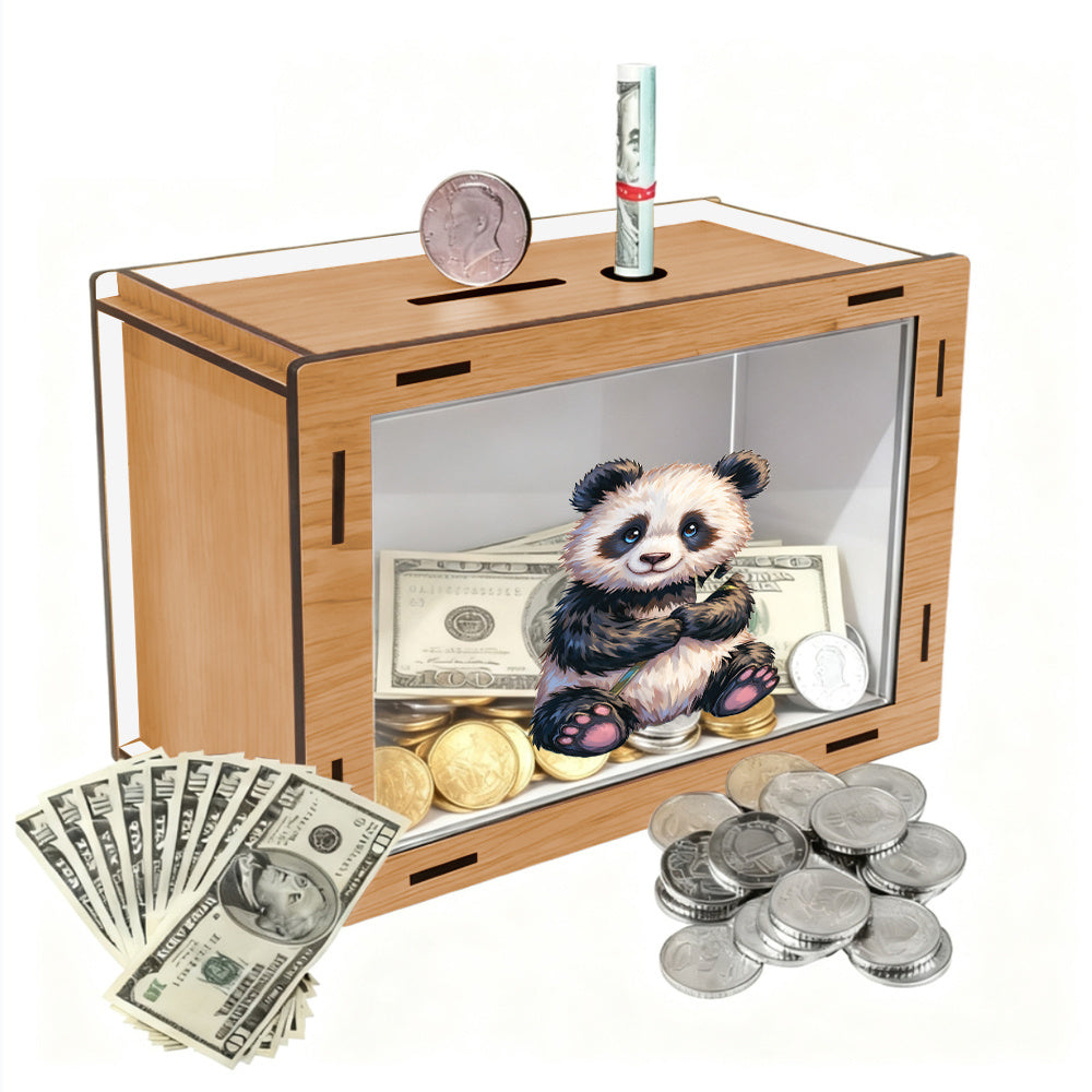 Tirelire panda en bois à façade transparente, pièces et billets