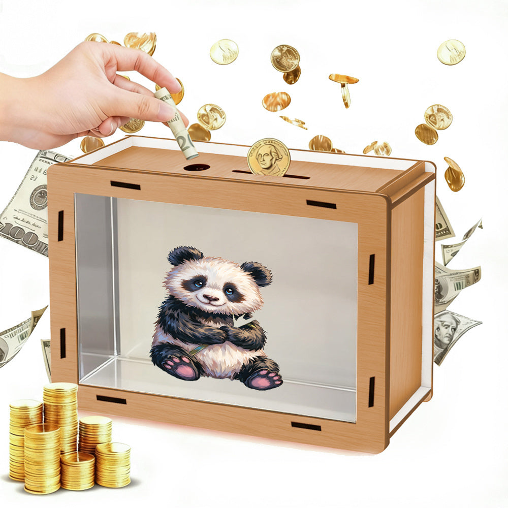 Tirelire panda en bois à façade transparente, pièces et billets