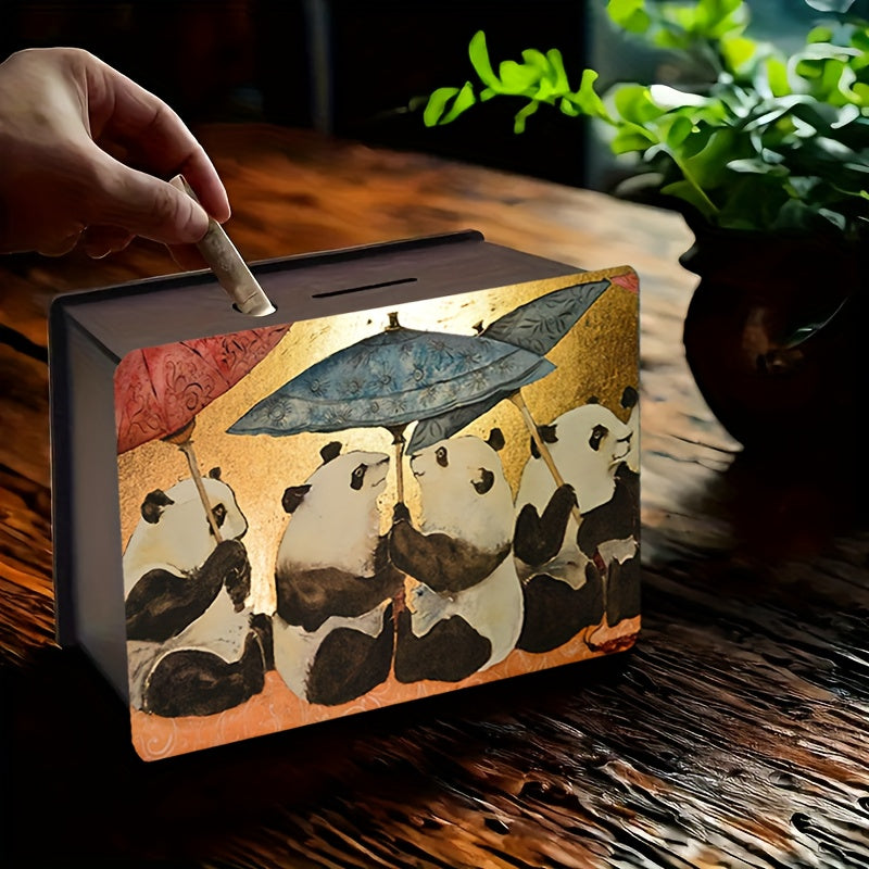 Tirelire panda en bois peint, quatre parasols