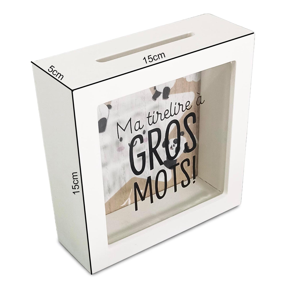 Tirelire panda à gros mots — Cadre en bois blanc de 15 cm