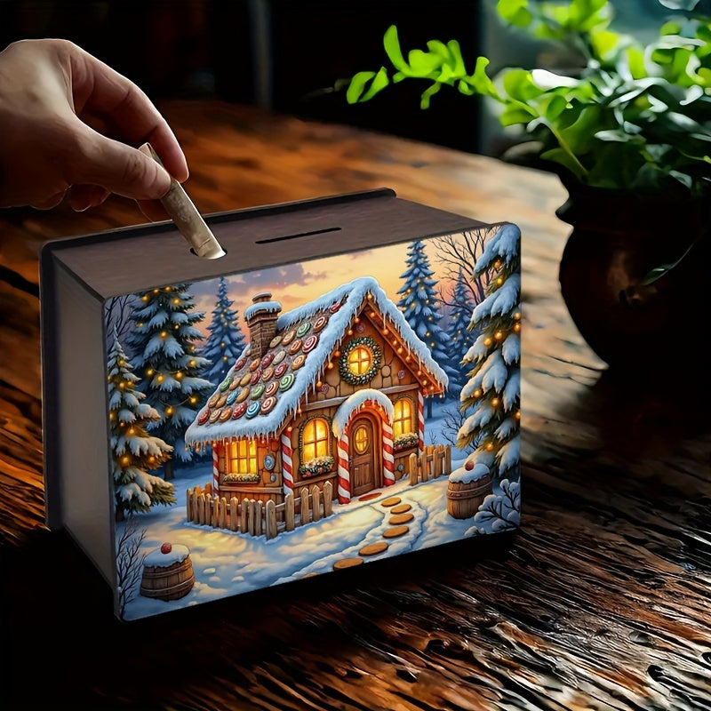 Tirelire en panneau de fibres, décor de maison enneigée