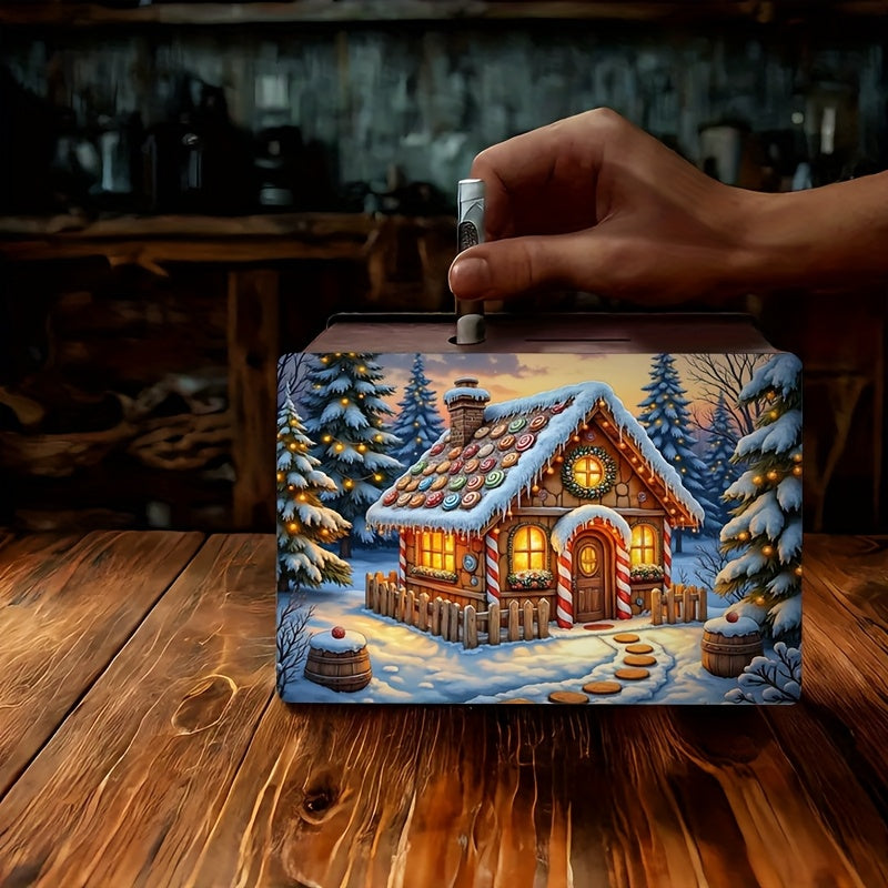 Tirelire en panneau de fibres, décor de maison enneigée