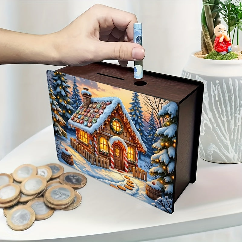 Tirelire en panneau de fibres, décor de maison enneigée