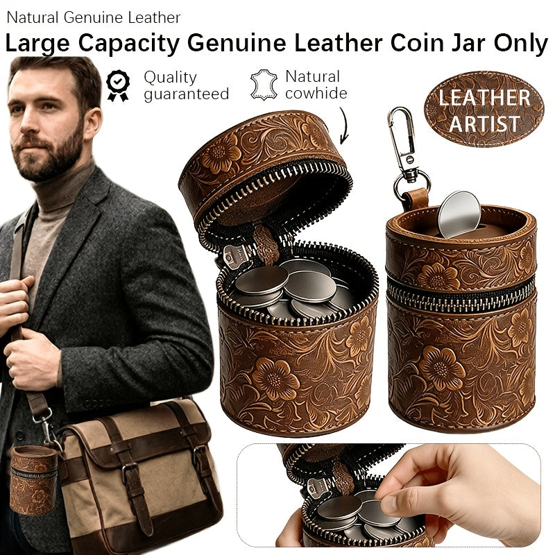 Tirelire de poche en cuir véritable, fente à pièces et zip