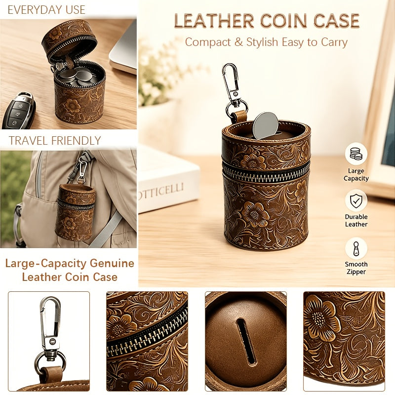 Tirelire de poche en cuir véritable, fente à pièces et zip