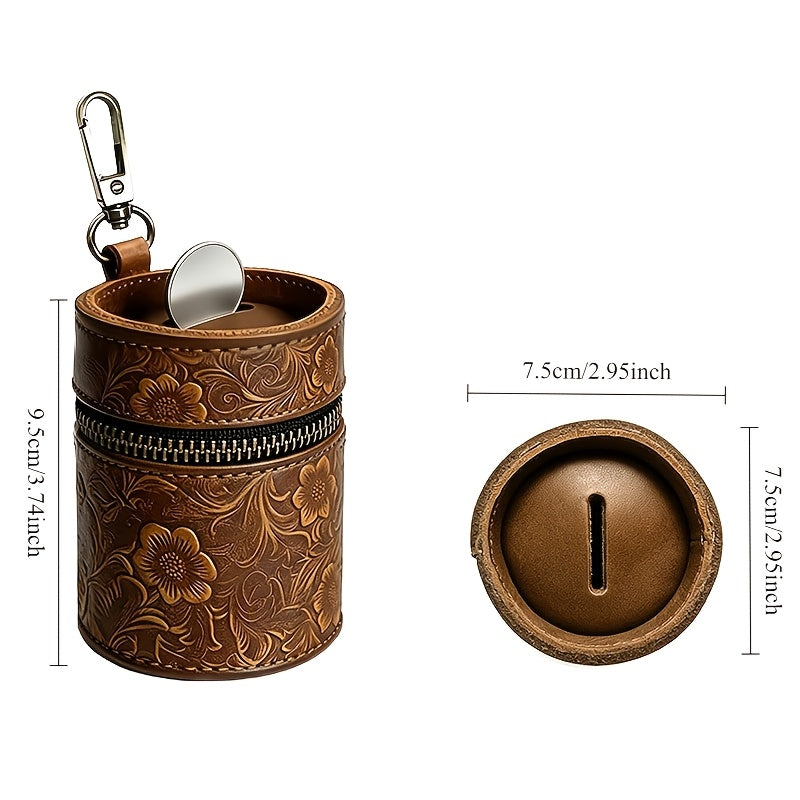 Tirelire de poche en cuir véritable, fente à pièces et zip