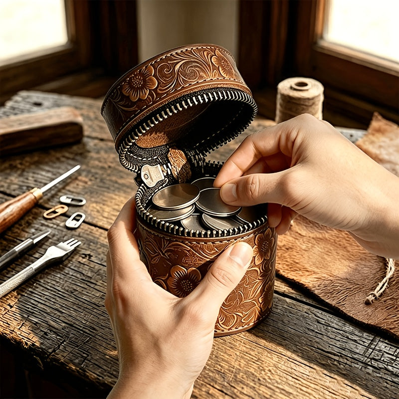 Tirelire de poche en cuir véritable, fente à pièces et zip