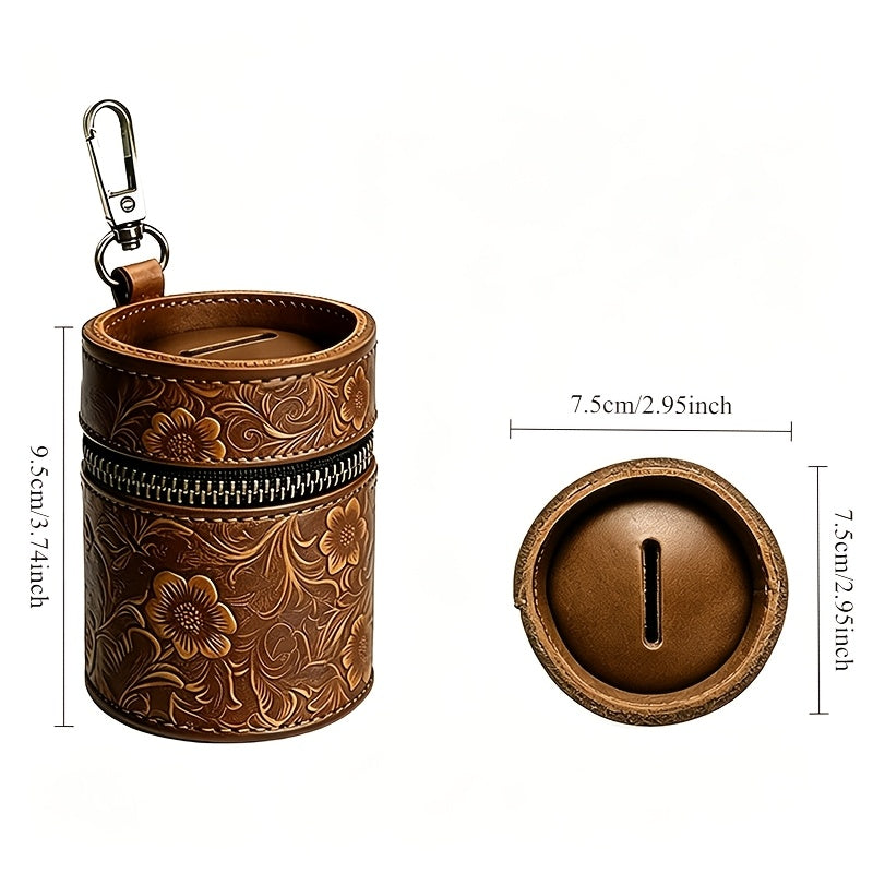 Tirelire de poche en cuir véritable, fente à pièces et zip