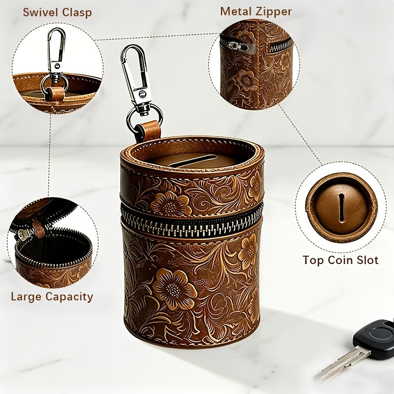 Tirelire de poche en cuir véritable, fente à pièces et zip