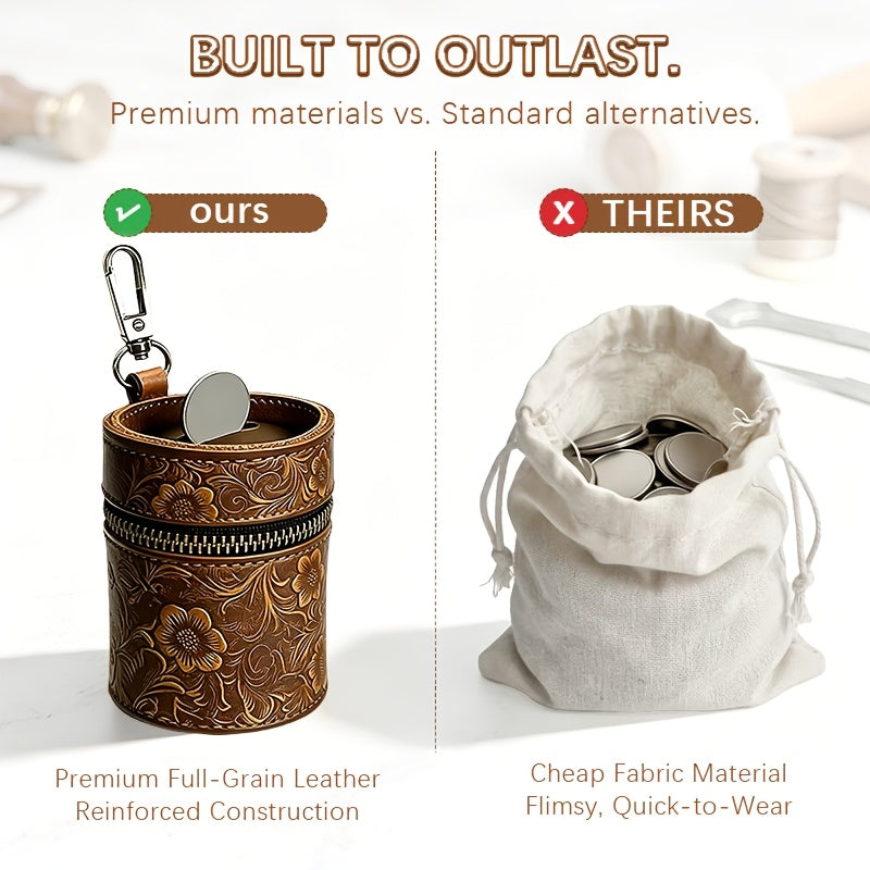 Tirelire de poche en cuir véritable, fente à pièces et zip
