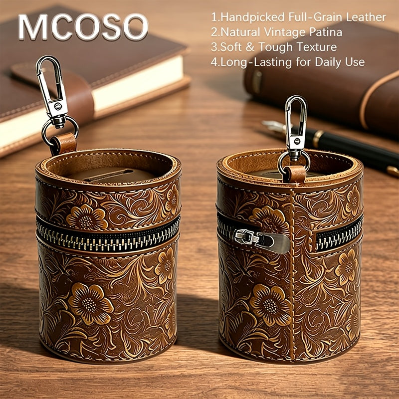 Tirelire de poche en cuir véritable, fente à pièces et zip