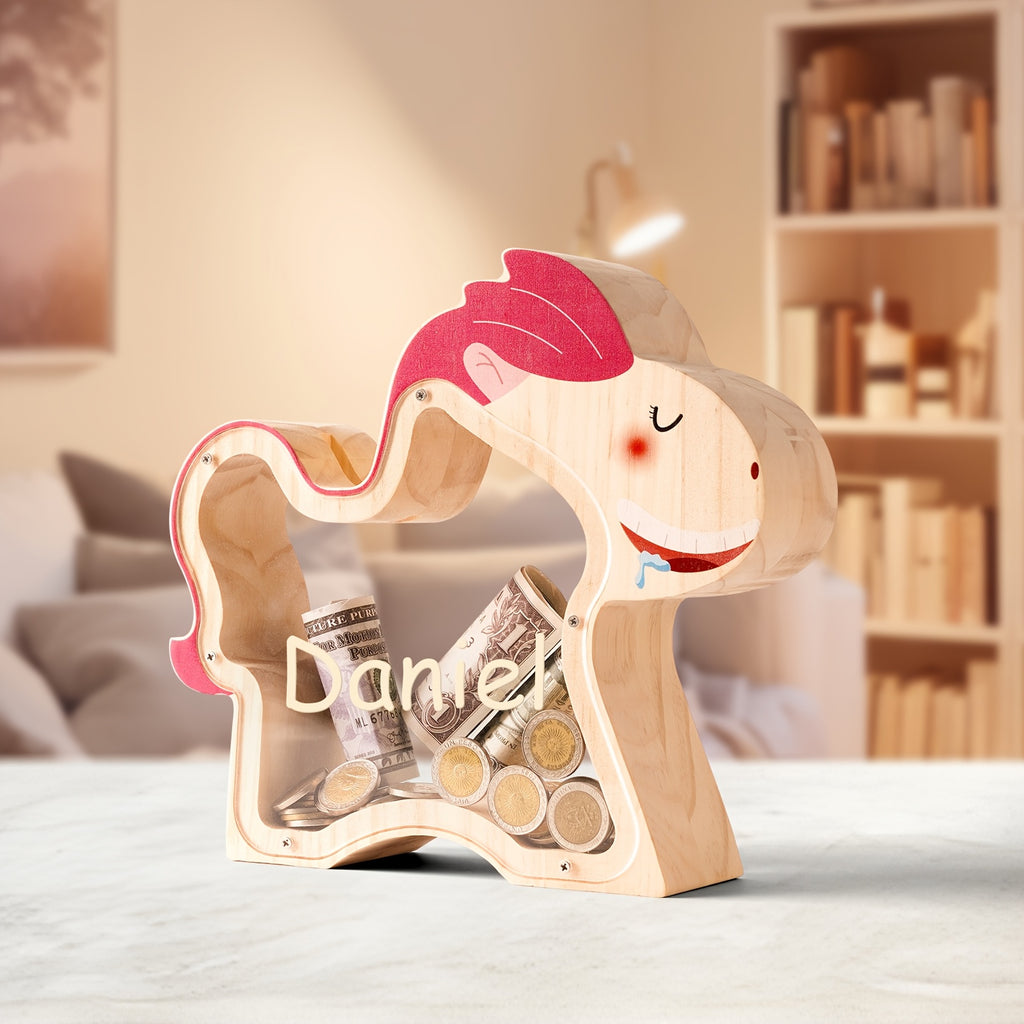Tirelire poney en bois à vitre, pièces et billets visibles