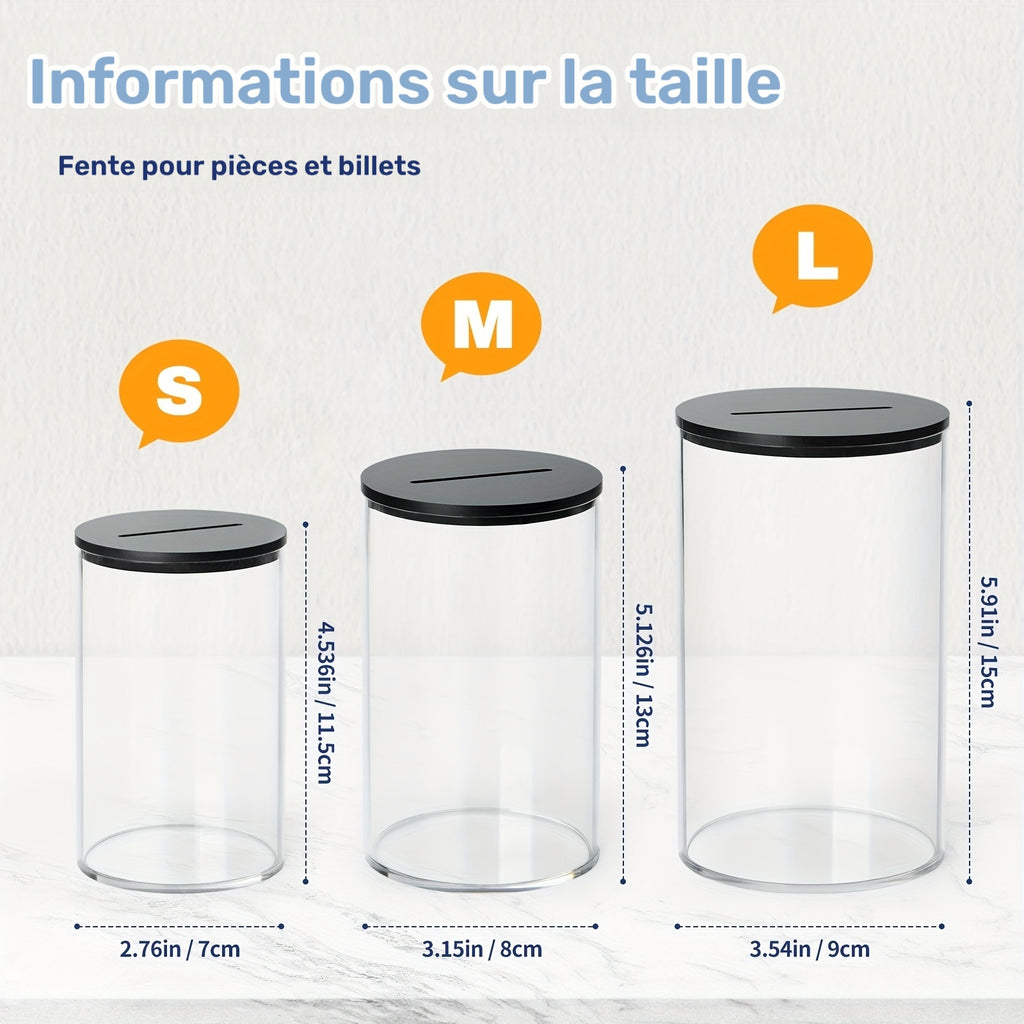 Tirelire pot en acrylique transparent, couvercle amovible